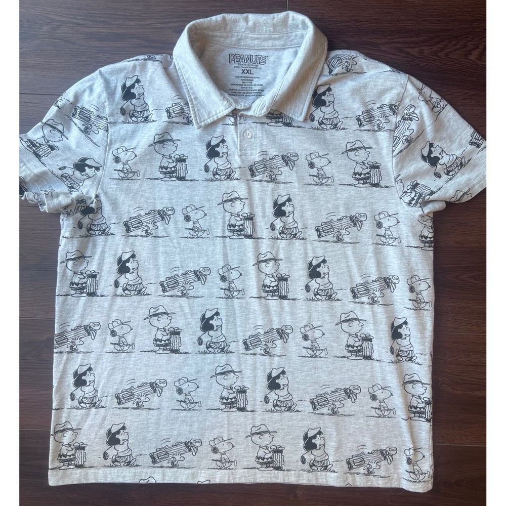 Peanuts Charlie Brown Snoopy Golf Polo Shirt Mens XXL Grey Short Sleeve Graphic